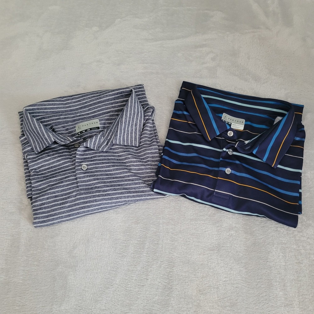 PGA Tour Polo Shirts Mens XL Blue Grey Striped Pro Series Golf Lot of 2